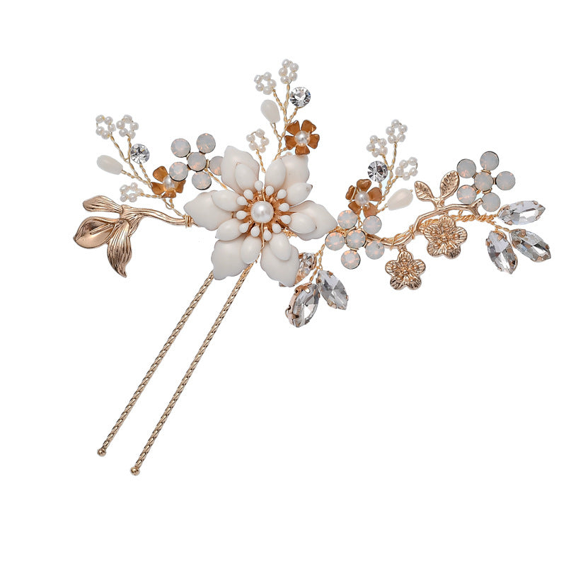 Long floral bridal hair pin with pearl and crystal accents
