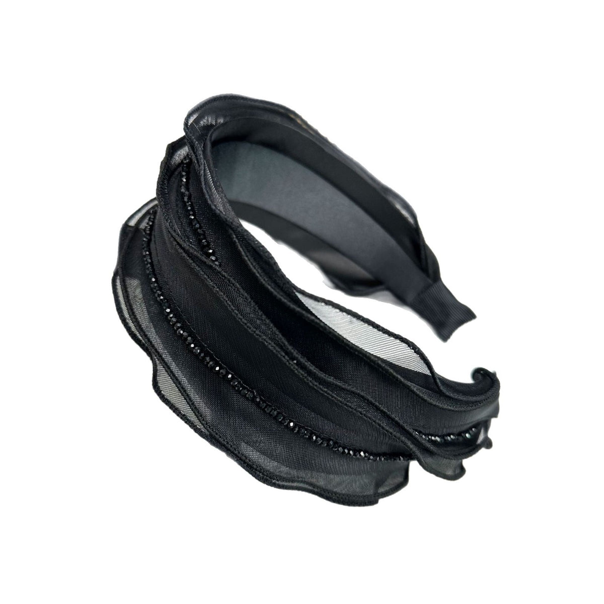 Black layered mesh headband with rhinestone trim