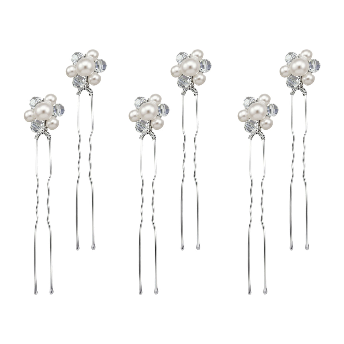 Six faux pearl flower U-pins displayed against a white background