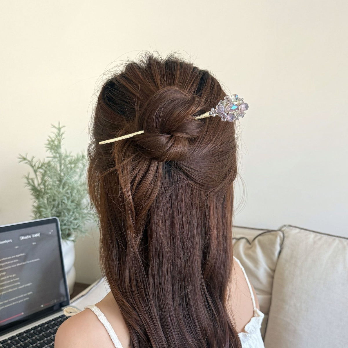 Crystal Floral Hair Stick in Gold Tone, additional view 4