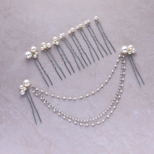 Full faux pearl hair pin and beaded chain accessory set