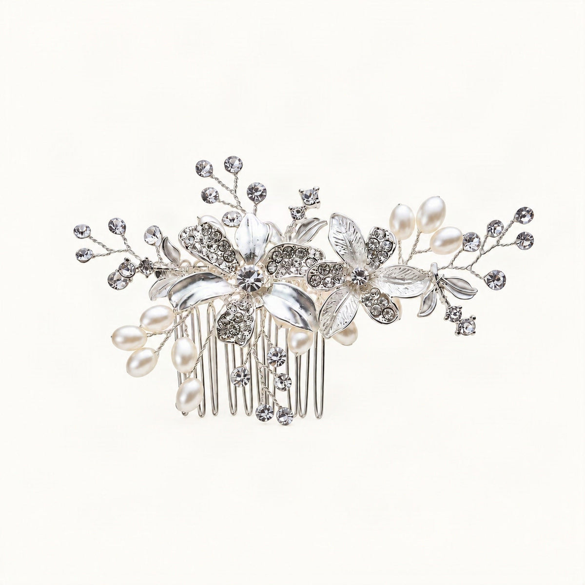 Floral Bridal Hair Comb with Faux Pearls and Rhinestones in Silver & White [FITINY Hair]
