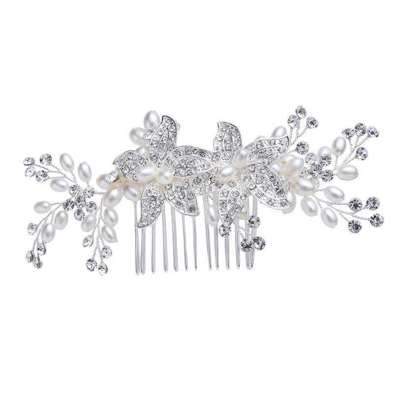 Floral bridal hair comb with faux pearls and rhinestones in silver