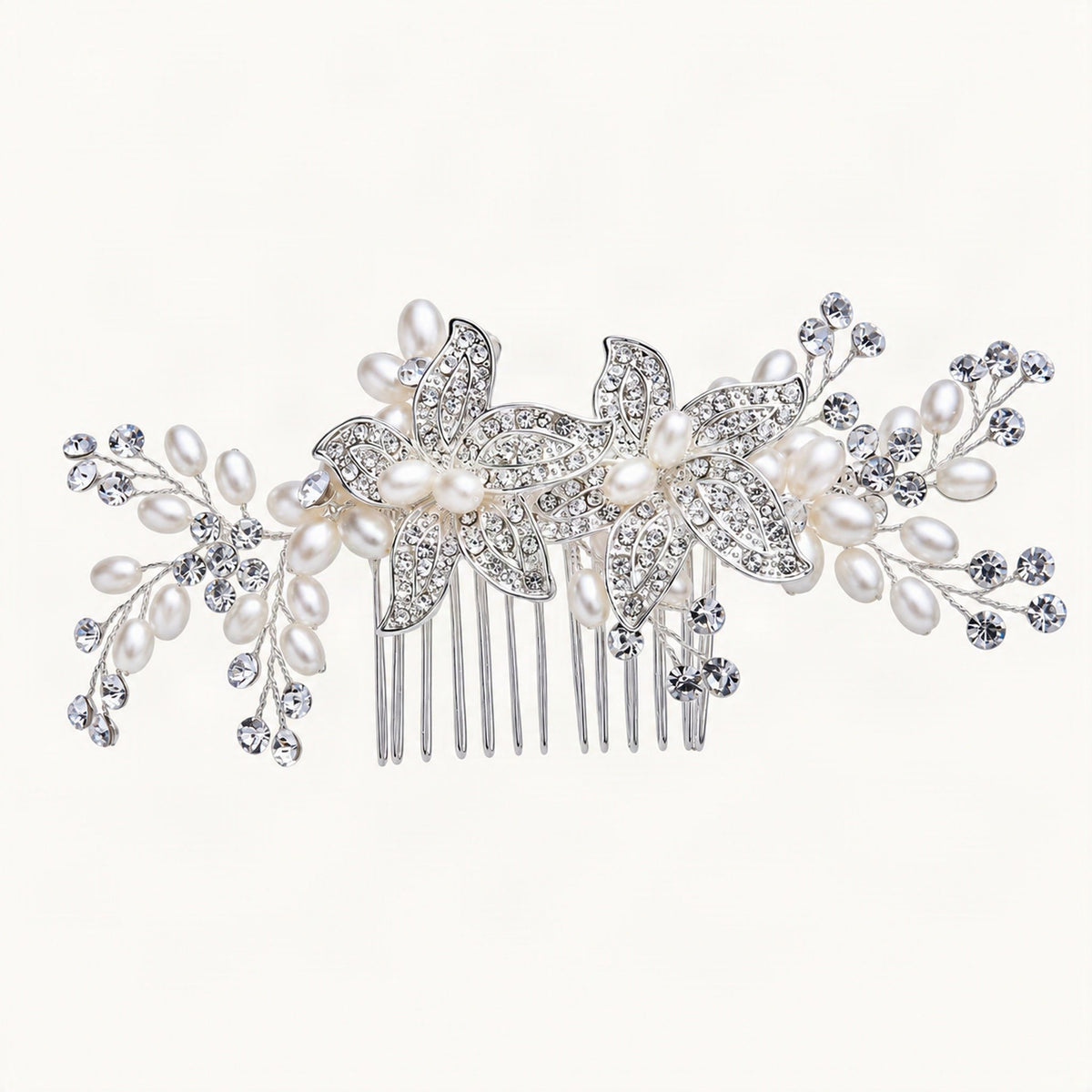 Floral Faux Pearl Bridal Hair Comb with Rhinestone Details in Silver & White [FITINY Hair]