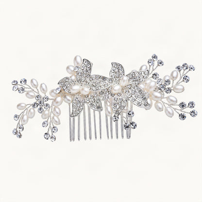 Floral Faux Pearl Bridal Hair Comb with Rhinestone Details in Silver & White [FITINY Hair]