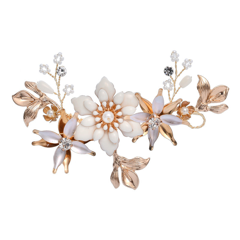 Gold-color floral bridal headband with faux pearls and rhinestones