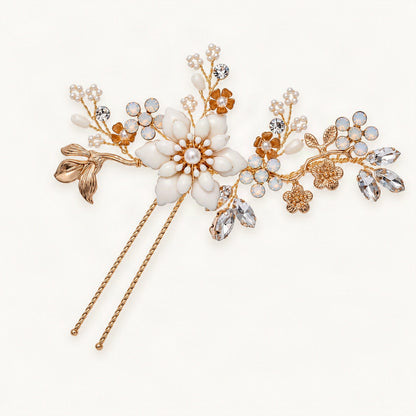 Faux Pearl Rhinestone Floral Bridal Hair Accessory in Gold, Hair Pin [FITINY Hair]