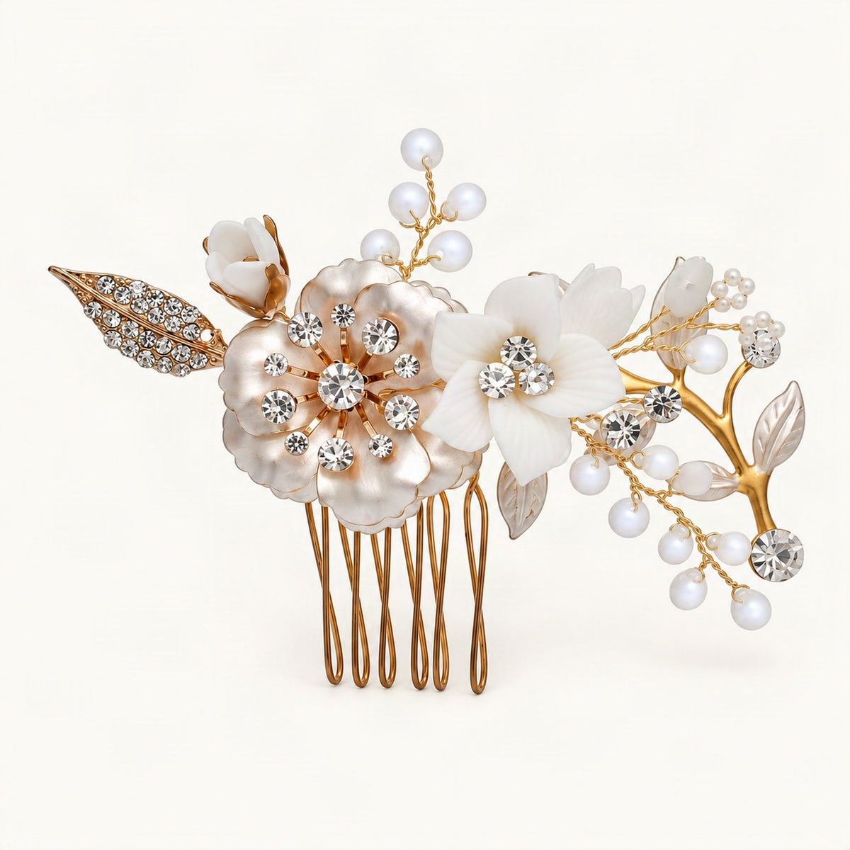 Ceramic Floral Crystal Rhinestone Bridal Hair Comb in Gold, Medium Comb [FITINY Hair]