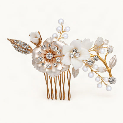 Ceramic Floral Crystal Rhinestone Bridal Hair Comb in Gold, Medium Comb [FITINY Hair]