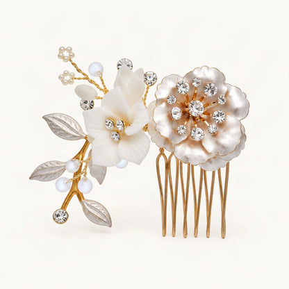Ceramic Floral Crystal Rhinestone Bridal Hair Comb in Gold, Small Comb [FITINY Hair]