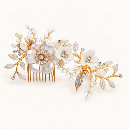 Ceramic Floral Crystal Rhinestone Bridal Hair Comb in Gold, Large Comb [FITINY Hair]