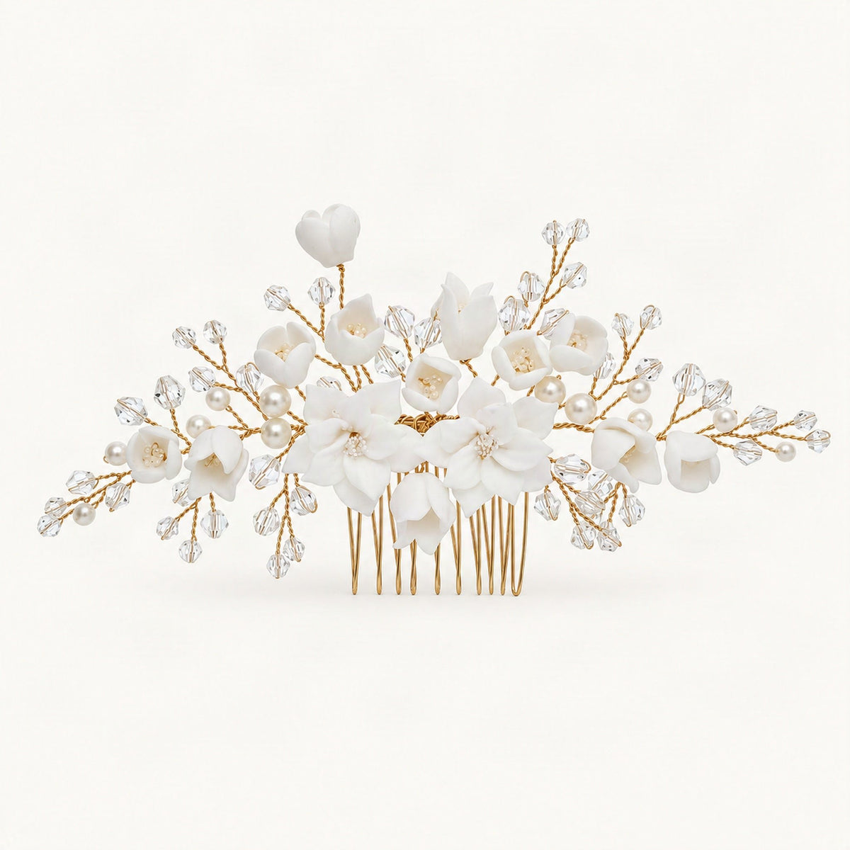 Ceramic Flower Bridal Hair Pins & Comb with Faux Pearls in Gold, S8204 Hair Comb [FITINY Hair]