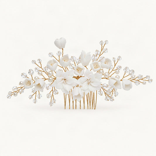 Ceramic Flower Bridal Hair Pins & Comb with Faux Pearls in Gold, S8204 Hair Comb [FITINY Hair]