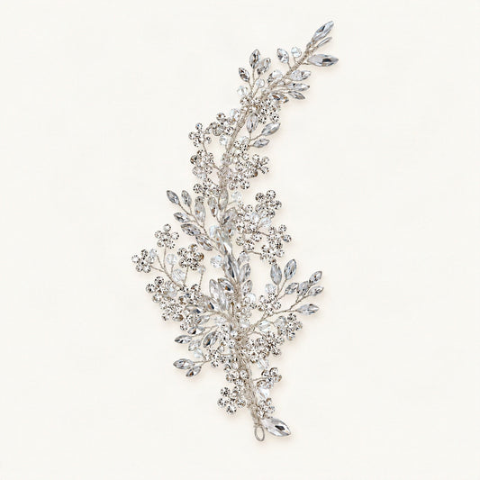 Rhinestone Bridal Hair Vine Leaf Floral in Silver, Left [FITINY Hair]