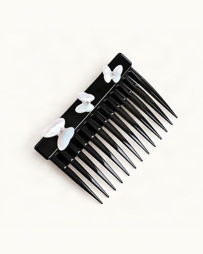 Cellulose Acetate Claw Clip with Faux Pearl Butterfly — Butterfly Comb variant on a warm ivory background [FITINY Hair]