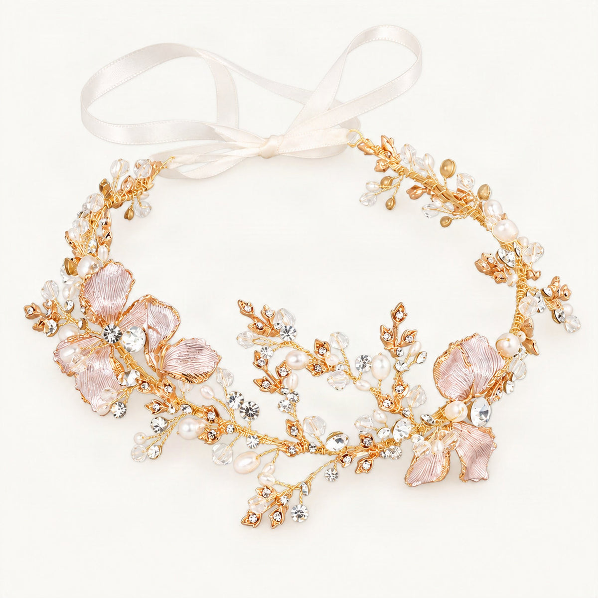Faux Pearl Floral Bridal Hair Vine with Ribbon Ties in Gold [FITINY Hair]