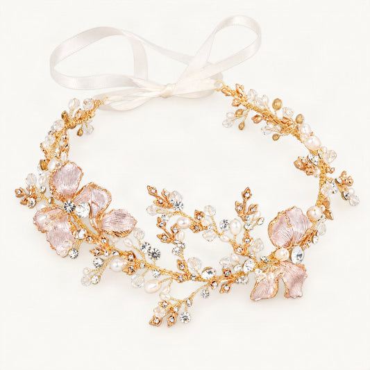 Faux Pearl Floral Bridal Hair Vine with Ribbon Ties in Gold [FITINY Hair]