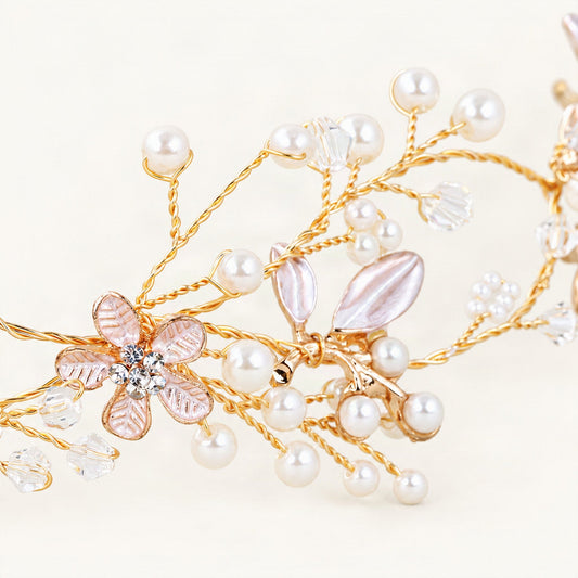 Flower and Faux Pearl Bridal Hair Vine in Gold [FITINY Hair]