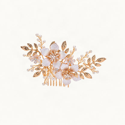 Floral Pearl Bridal Hair Comb in Metal Alloy in Gold [FITINY Hair]