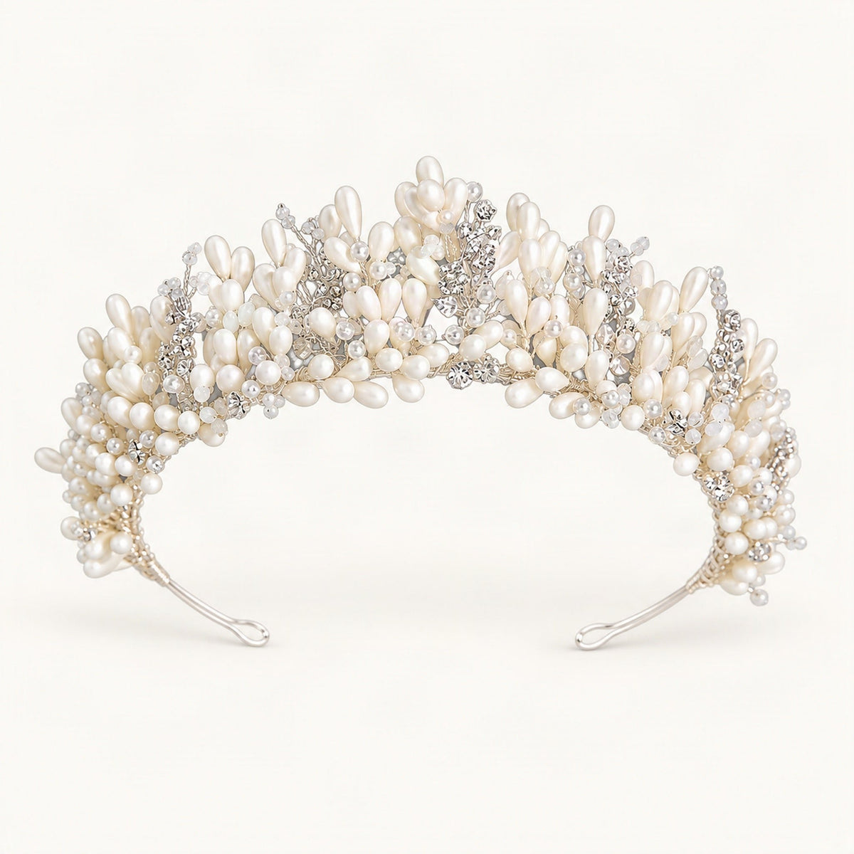 Silver bridal crown adorned with faux pearls, crystals, and rhinestones [FITINY Hair]