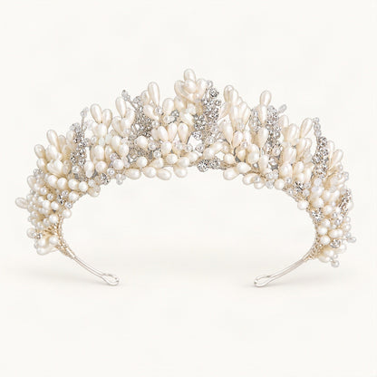 Silver bridal crown adorned with faux pearls, crystals, and rhinestones [FITINY Hair]