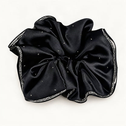 Black satin scrunchie with rhinestone border and scattered details [FITINY Hair]