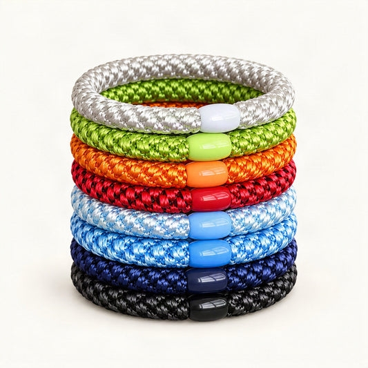 Rainbow braided elastic hair tie shown from the front [FITINY Hair]