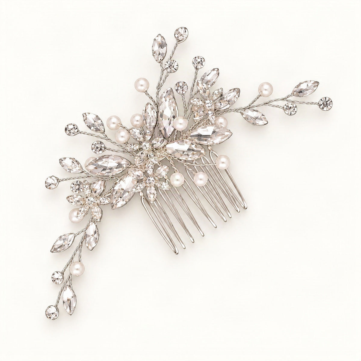 Silver-tone floral hair comb with crystal leaves and faux pearls on dark background [FITINY Hair]