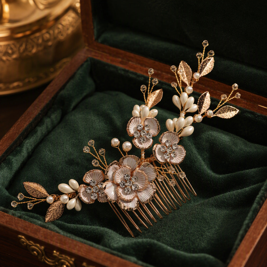 Decorative pearl and crystal hair comb shown against a green velvet background