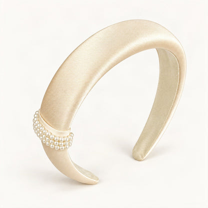 Cream padded headband with gathered faux pearl accent [FITINY Hair]