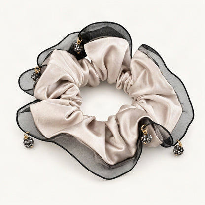 Light satin scrunchie showing its layered sheer trim and gathered fabric [FITINY Hair]