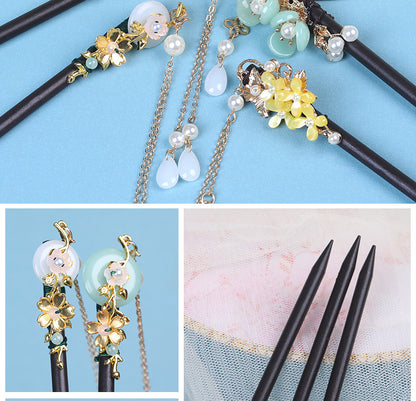 Double Blossom Wood Hair Stick with Dangle Chains, additional view 7