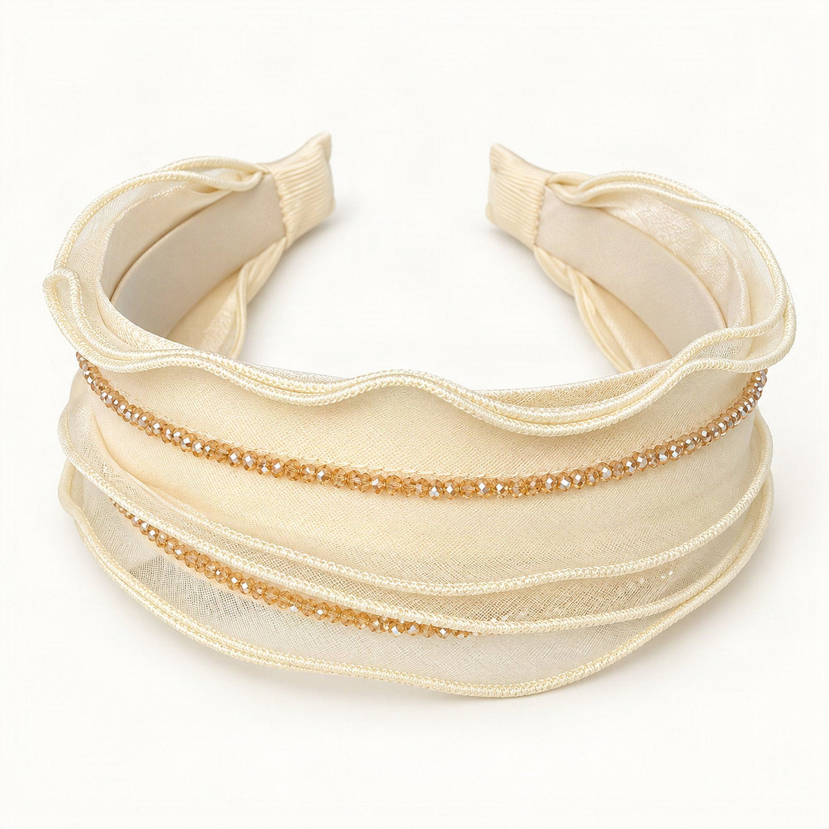 Rhinestone Mesh Headband with Layered Wide Band in Cream [FITINY Hair]