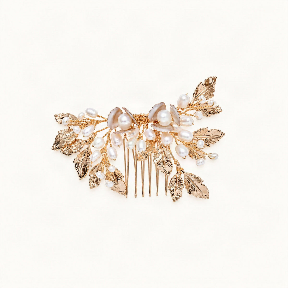 Leaf and faux pearl hair comb in a warm metallic finish [FITINY Hair]