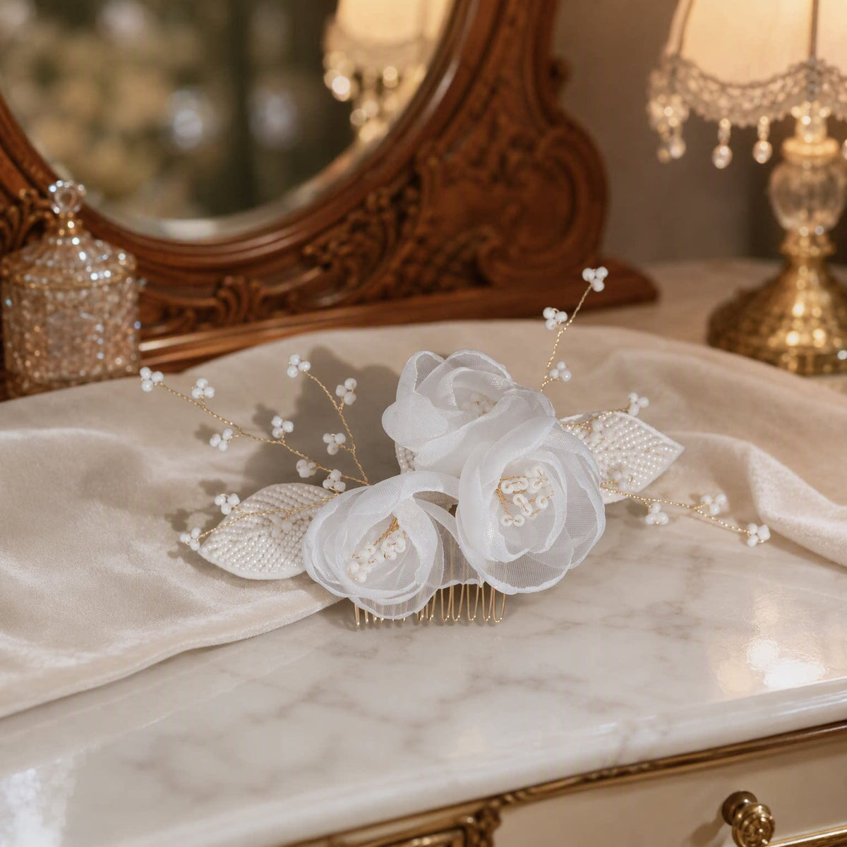 Gold-tone hair comb with layered mesh flowers and beaded branches on fabric