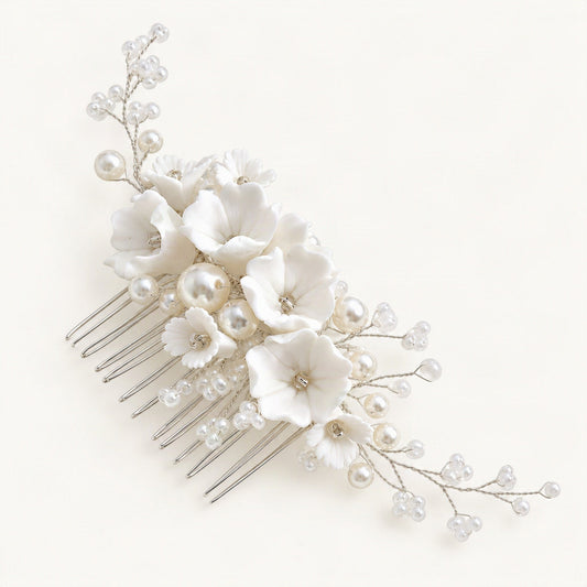 Handcrafted Floral Faux Pearl Hair Comb in Silver [FITINY Hair]