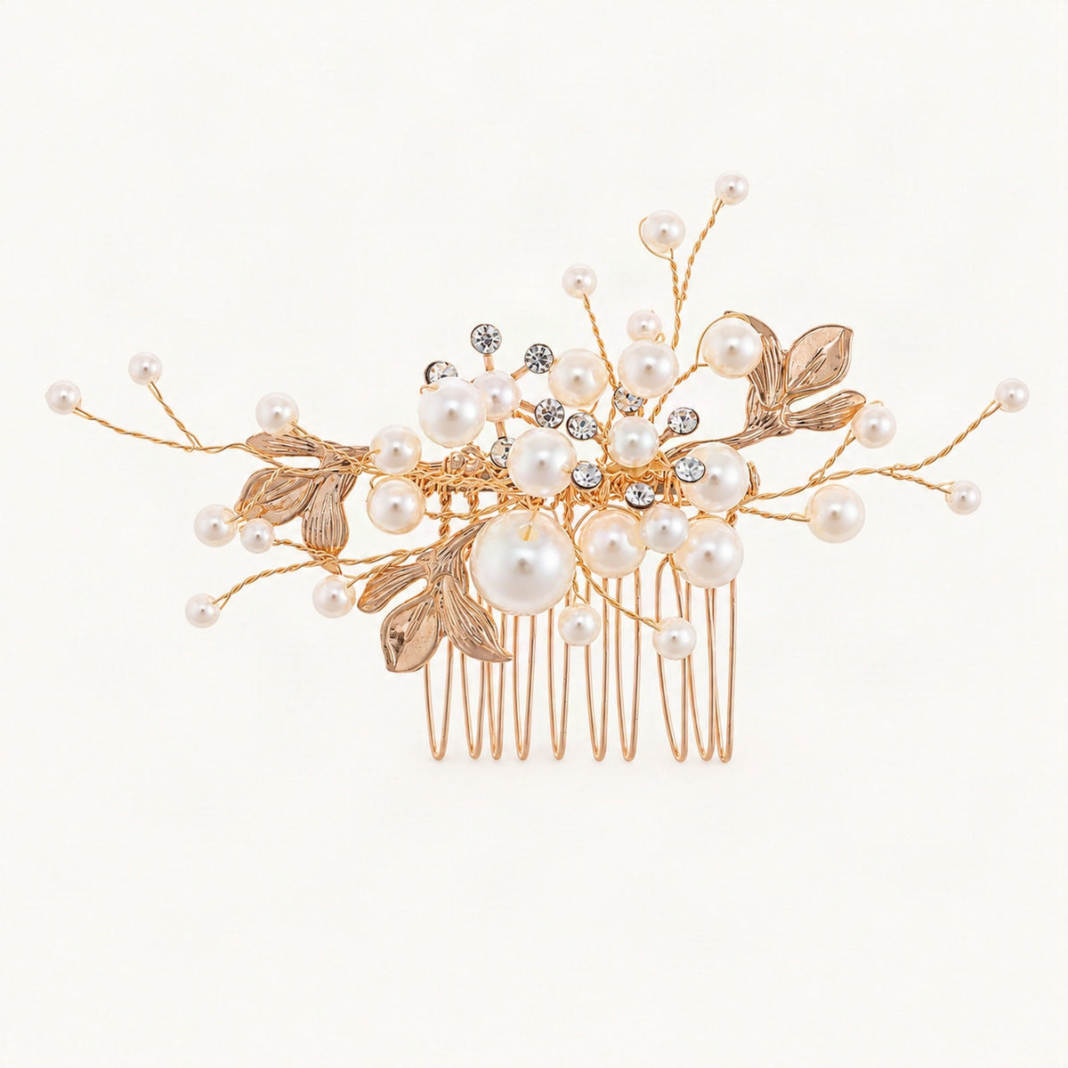 Gold-tone bridal hair comb with faux pearls, clear accents, and sculpted leaves [FITINY Hair]