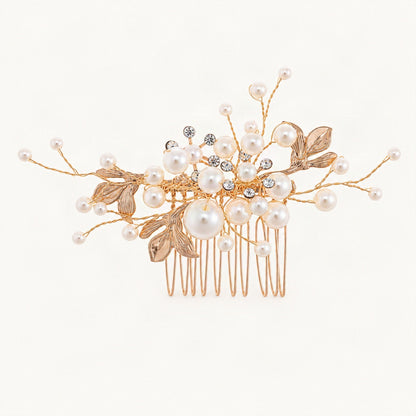 Gold-tone bridal hair comb with faux pearls, clear accents, and sculpted leaves [FITINY Hair]