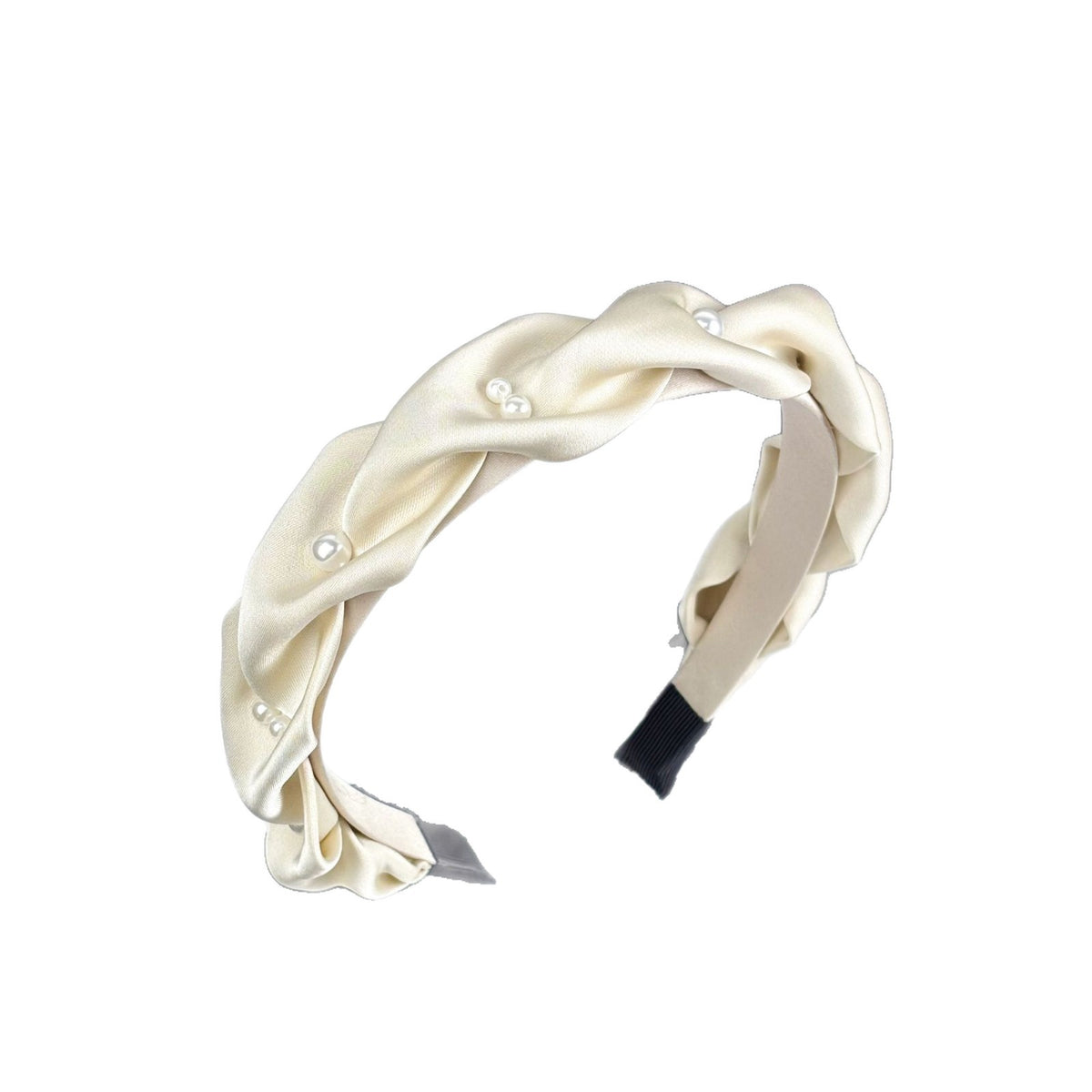 Detail view of the headband's fabric-covered edges