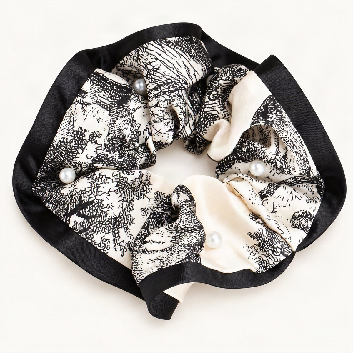 Satin marble-print scrunchie with pearl accents, black border, and cream details [FITINY Hair]