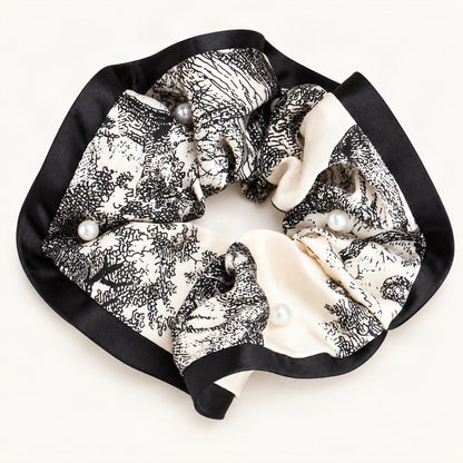 Satin marble-print scrunchie with pearl accents, black border, and cream details [FITINY Hair]