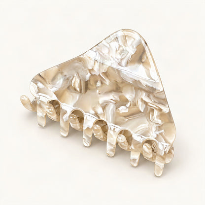 Grey floral cellulose acetate claw clip shown from the front [FITINY Hair]