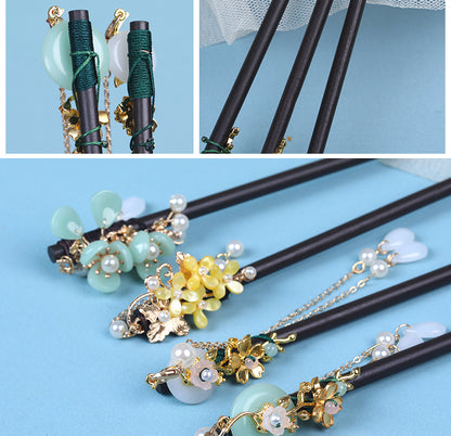 Double Blossom Wood Hair Stick with Dangle Chains, additional view 8