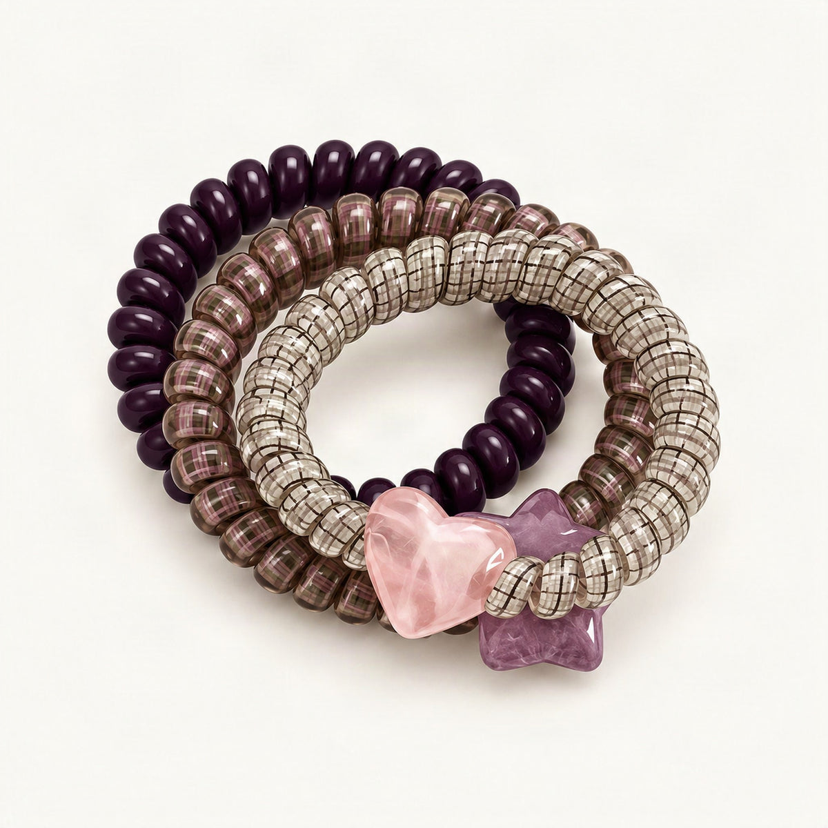 Stretch Hair Ties with Heart and Star Charms, 3-Pack in Pink & Purple [FITINY Hair]