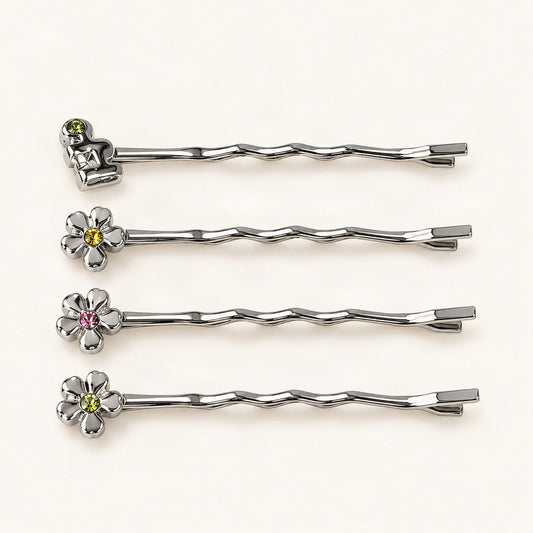 Metal Rhinestone Flower Bobby Pins, 2.05 in in Silver, Four-Piece Set [FITINY Hair]