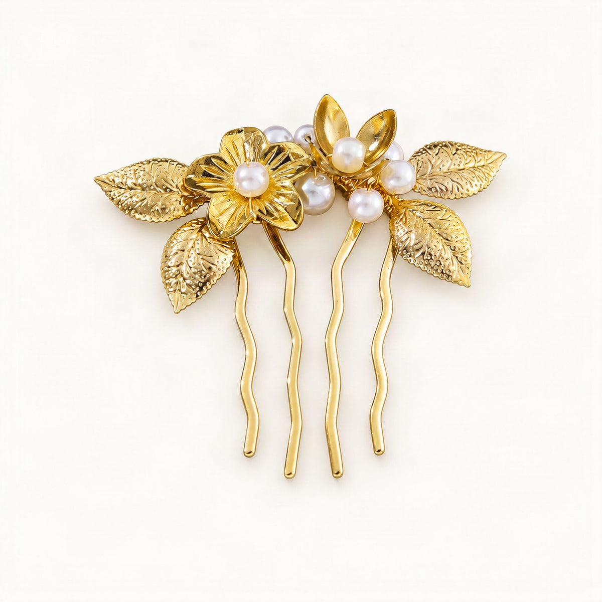 Gold floral hair pins with pearl centers and sculpted leaves [FITINY Hair]