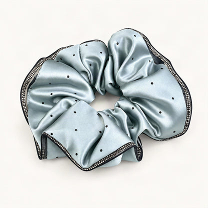 Light blue satin scrunchie with rhinestone edging and scattered accents [FITINY Hair]