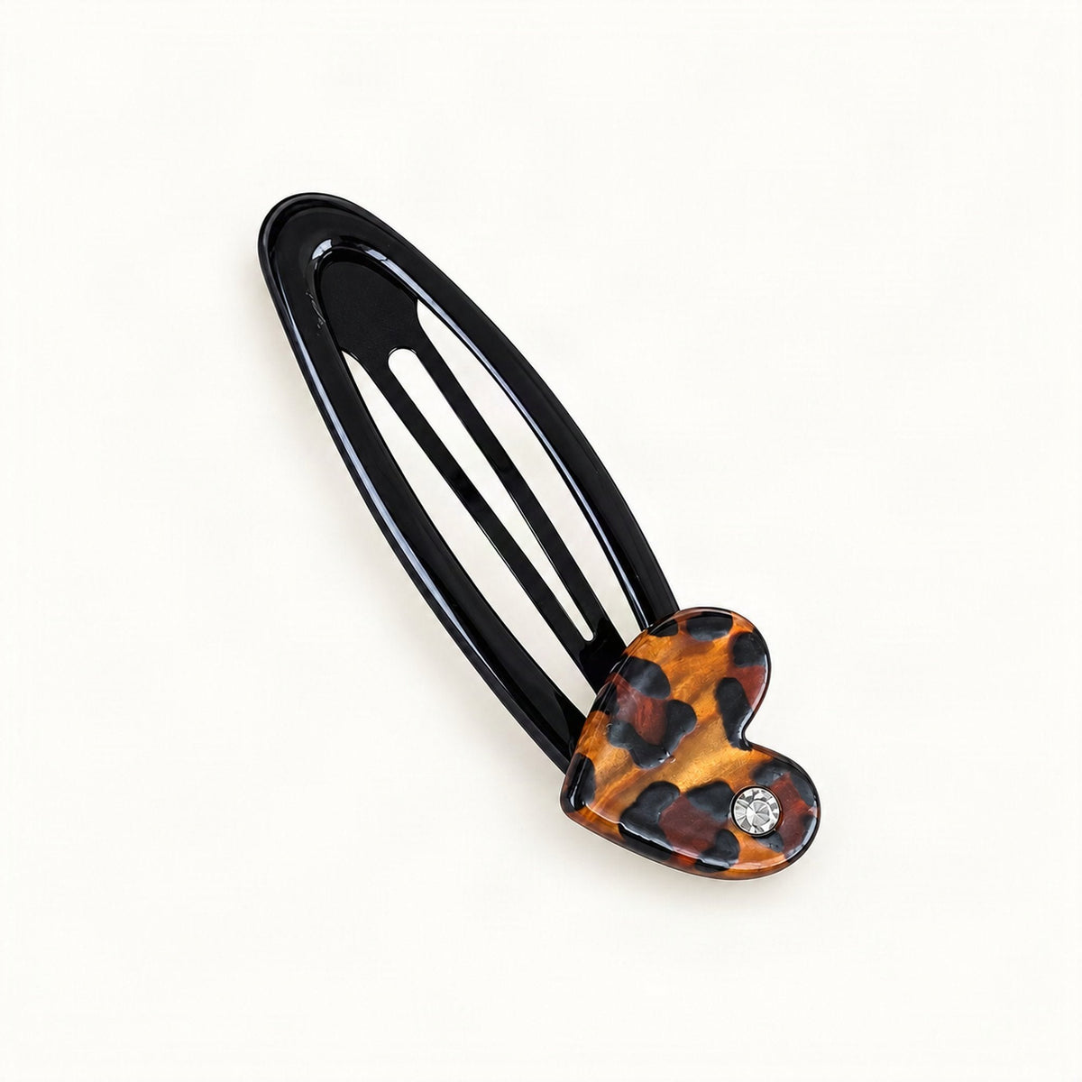 Acrylic Heart Hair Clip with Rhinestone Accent, 6.5 cm in Chocolate Leopard [FITINY Hair]