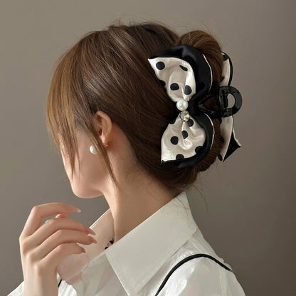 Satin Rhinestone Faux Pearl Polka Dot Bow Claw Clip, additional view 1