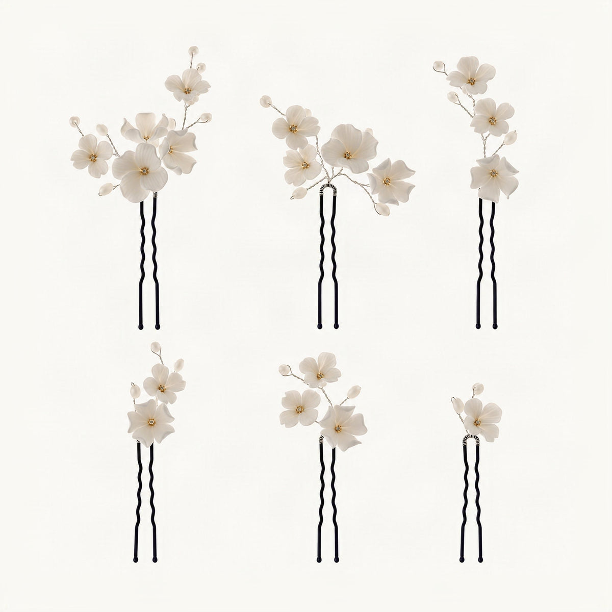 Ceramic Floral Crystal Accent U Pin Set in Black [FITINY Hair]